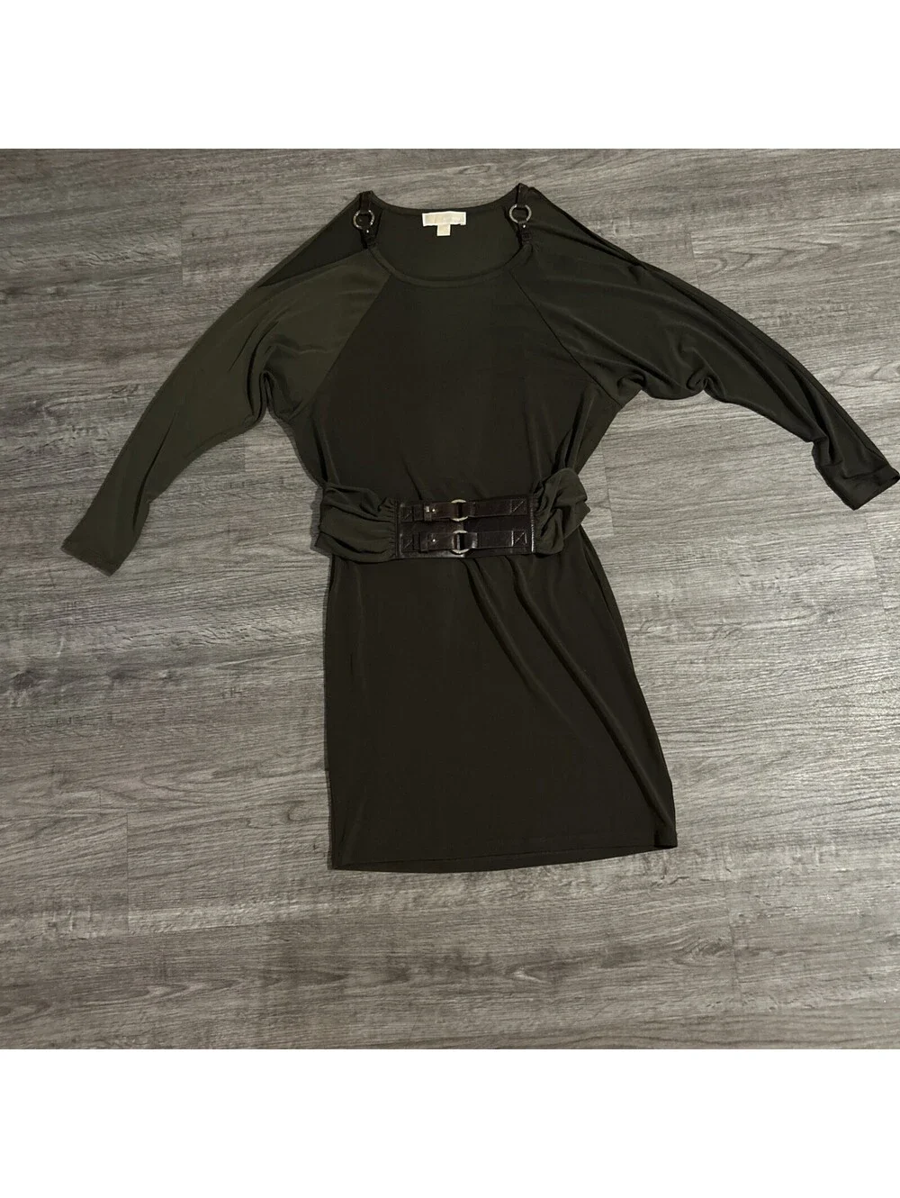 Michael Kors Drape Jersey Belted Dress S Long Sleeve Olive Pea Green Pit-Pit 18